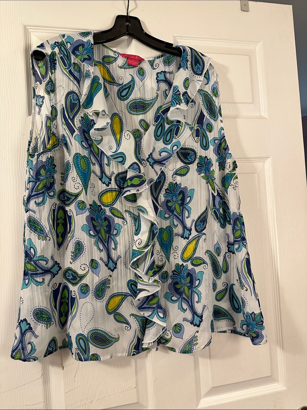 Sunny Leigh White Paisley Ruffle Front Blouse with Blue & Green Accents